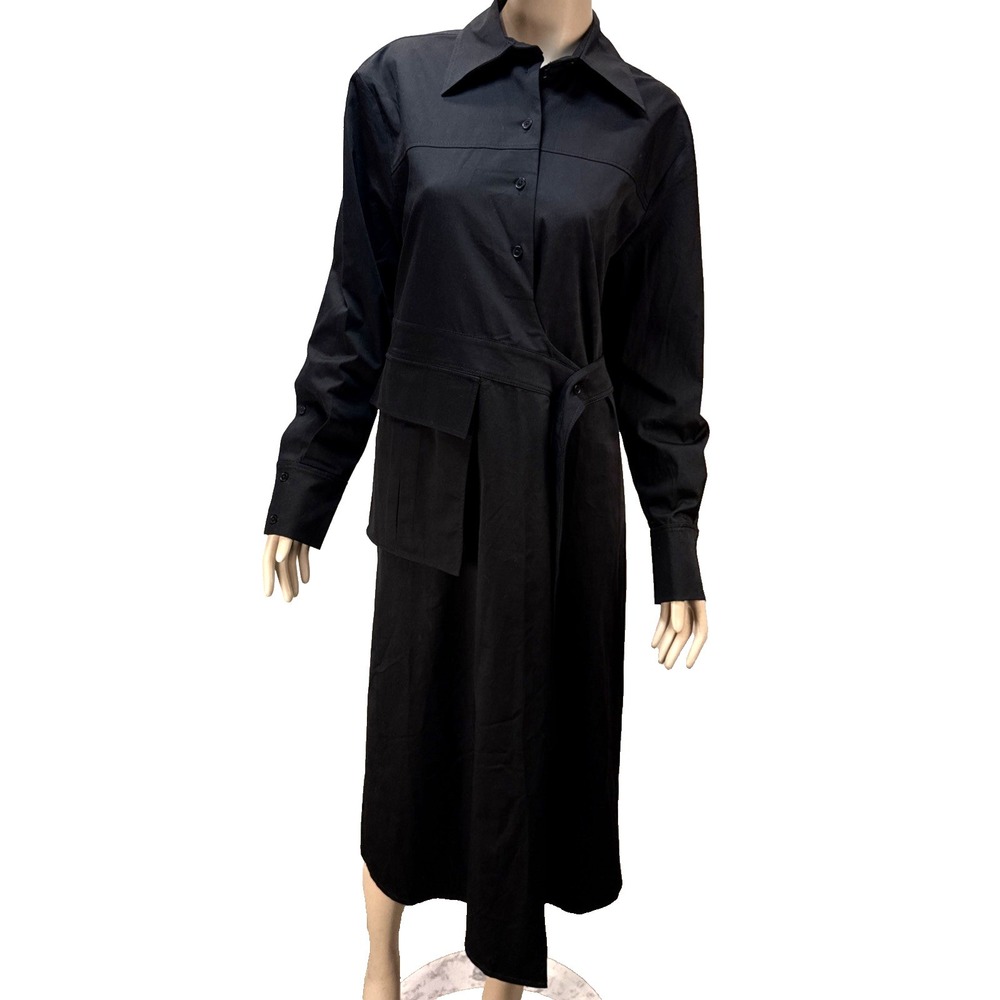 COS Black Cotton Stretch Twill Belted Midi Shirt Dress Size Size 12 Patch Pocket